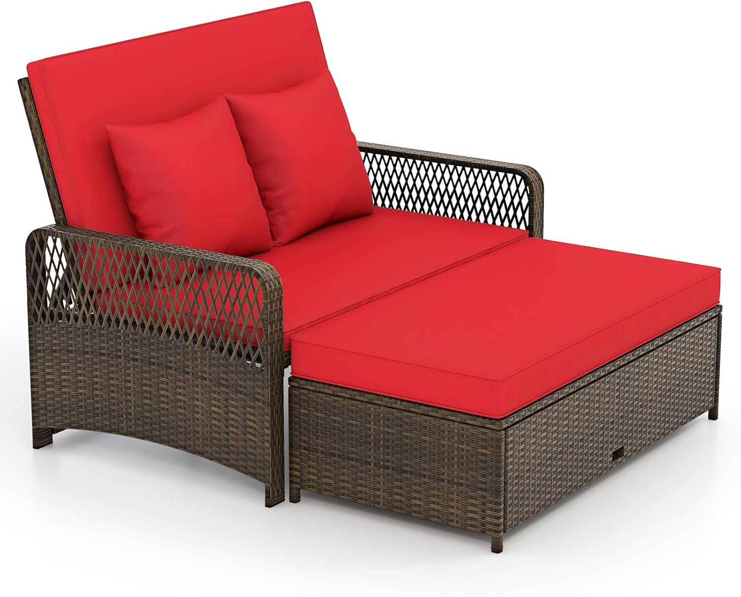 Versatile Red Wicker Daybed & Loveseat with Storage Ottoman