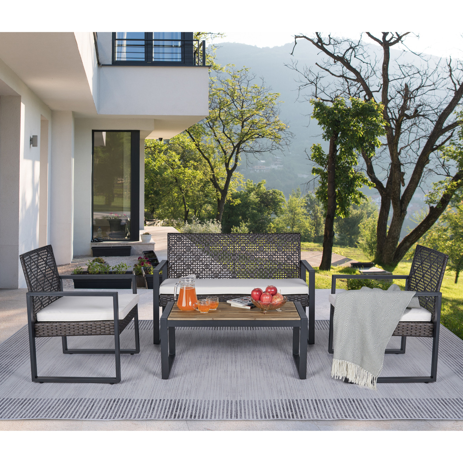 4-Piece Patio Furniture Set Acacia Wood Rattan Brown Beige Outdoor Sofa Set