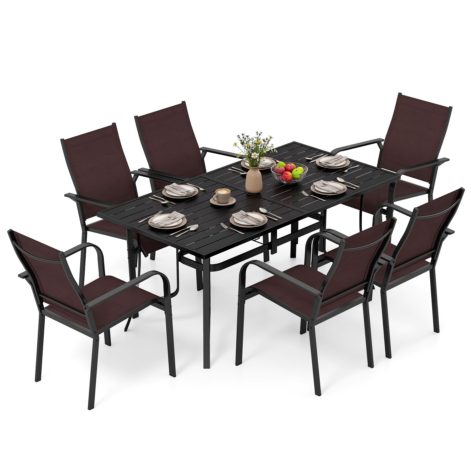 7PCS Patio Dining Set for 6, Metal Table w/Umbrella Hole & 6 Stackable Armchairs