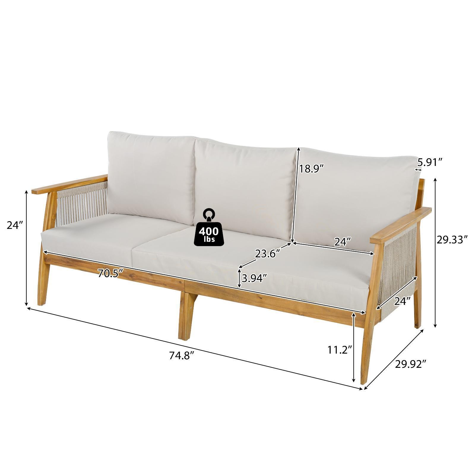 Contemporary Acacia Wood & Rope Patio Sofa, 3 Seat Outdoor Furniture with