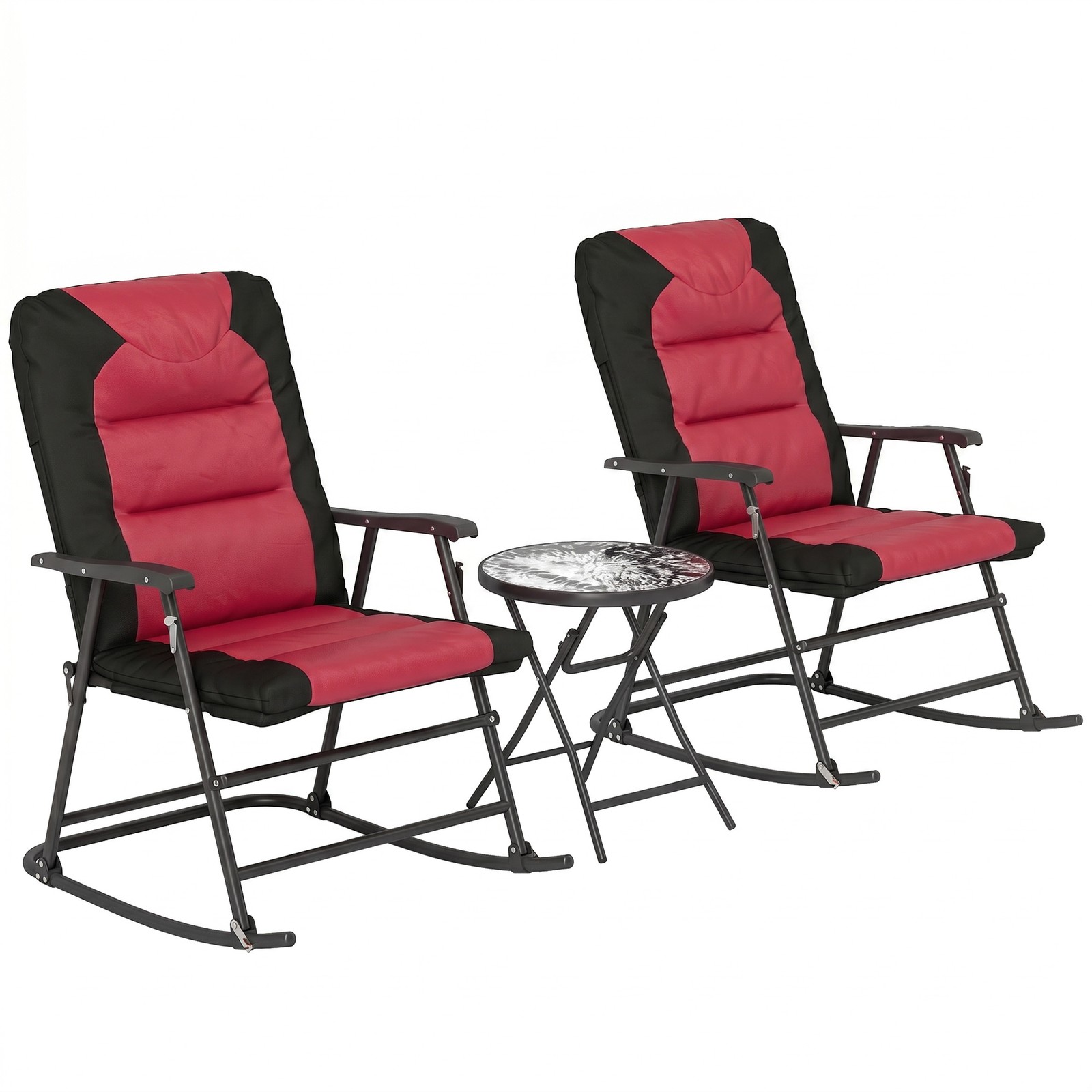 3PC Folding Outdoor Furniture Set, Rocking Chairs, Coffee Table, Red