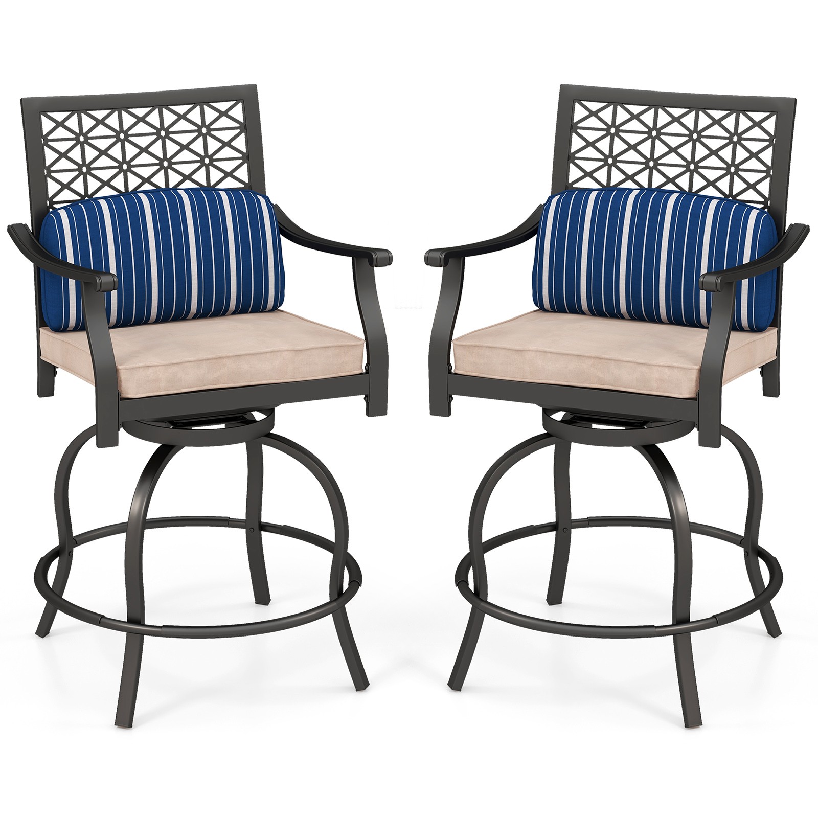Patiojoy Set of 2 Patio Swivel Bar Stool Chairs Cushioned Pillow Armrest Rocking