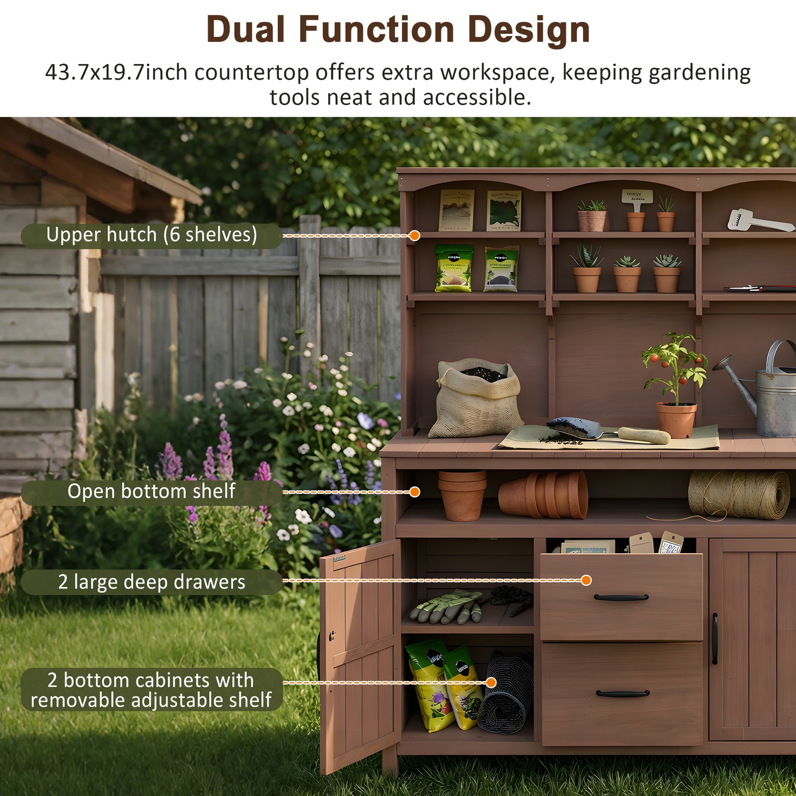Large Fir Wood Potting Bench with Hutch & Drawers, Rustic Brown Outdoor