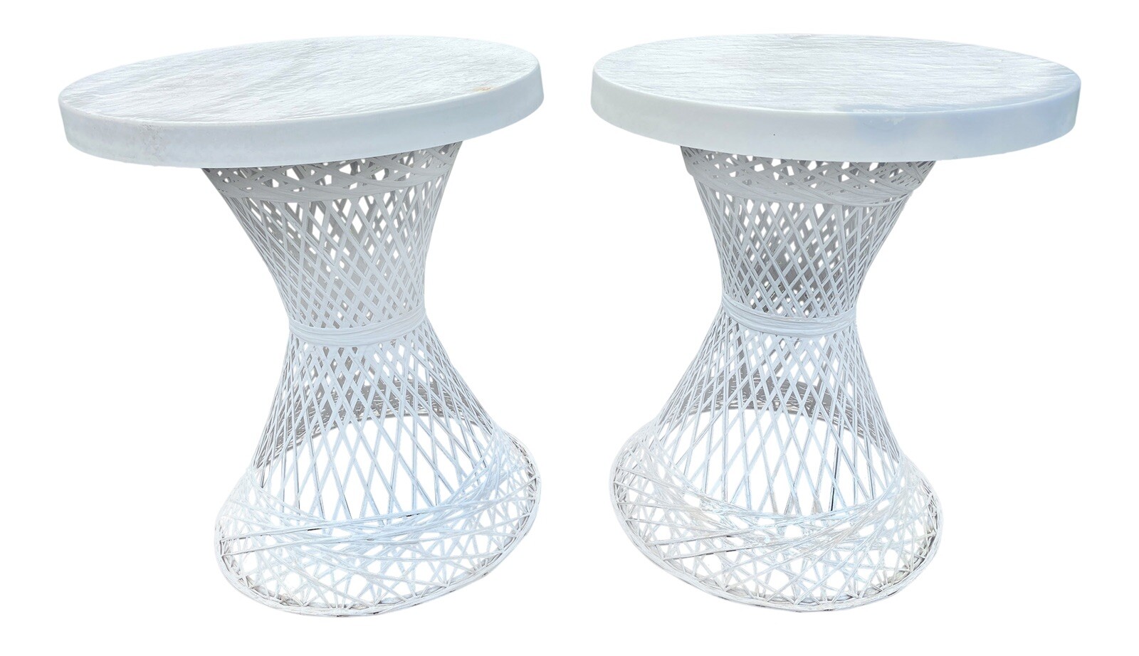 Vintage Russell Woodard Spun Fiberglass Patio Side Table Round Top Pair
