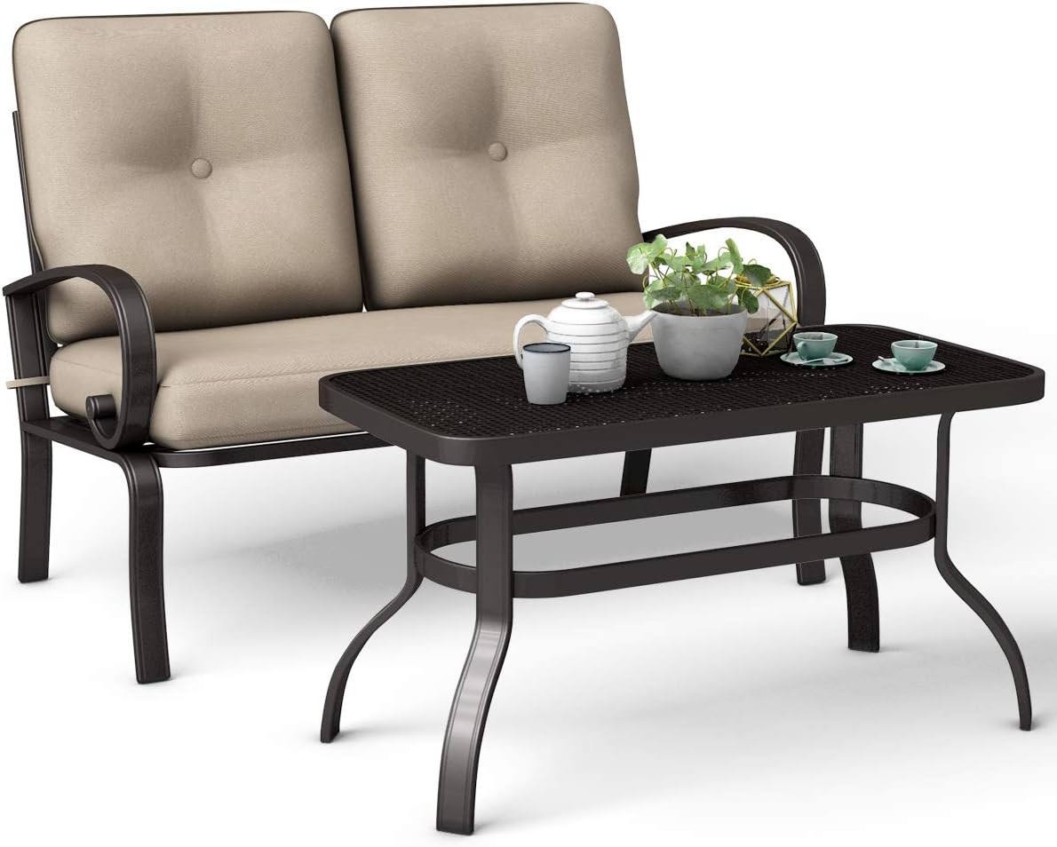 Patio Loveseat W/ Coffee Table Outdoor Bench W/ Cushion & Metal Frame Loveseat