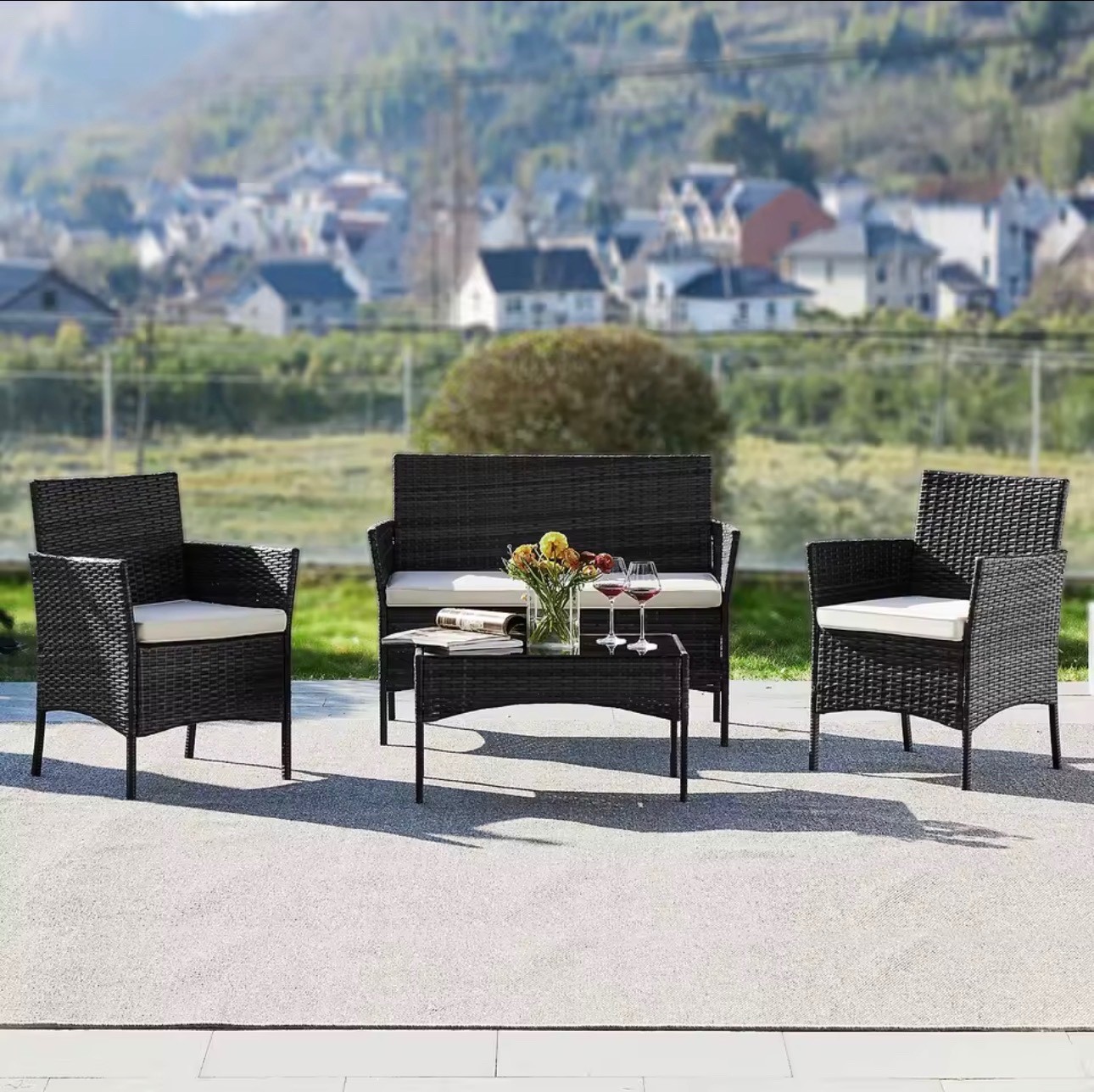 4-Piece Outdoor Patio Furniture Set Wicker Rattan Sofa Chair Table Cushioned Sea