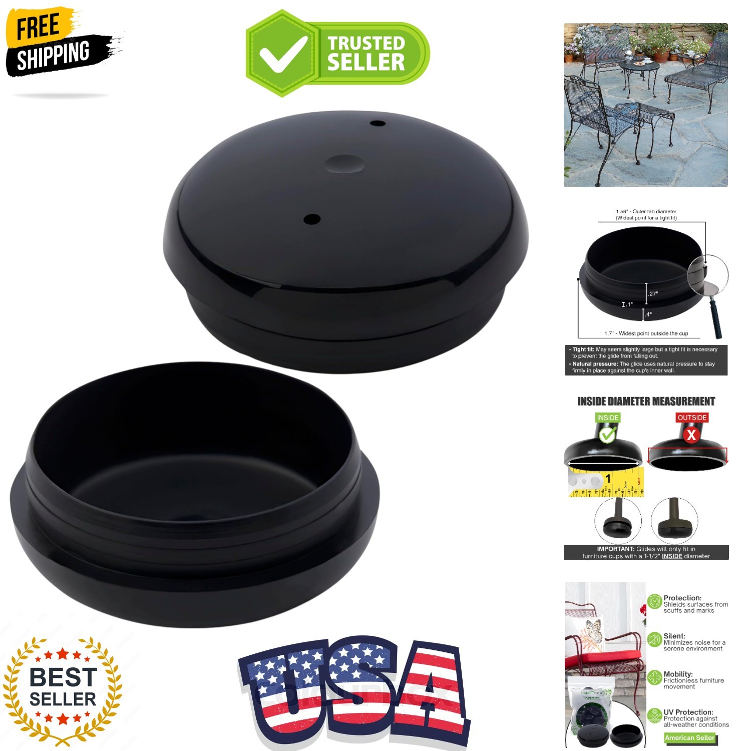 1-1/2″ Wrought Iron Patio Furniture Feet Caps – Round Plastic Outdoor Metal T…