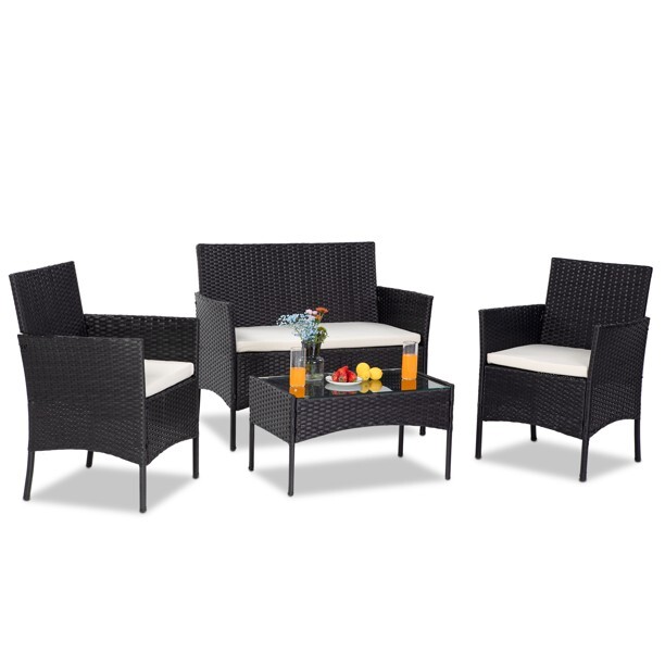 4 PC Outdoor Patio Furniture Set. Glass Table & Cushioned Seats