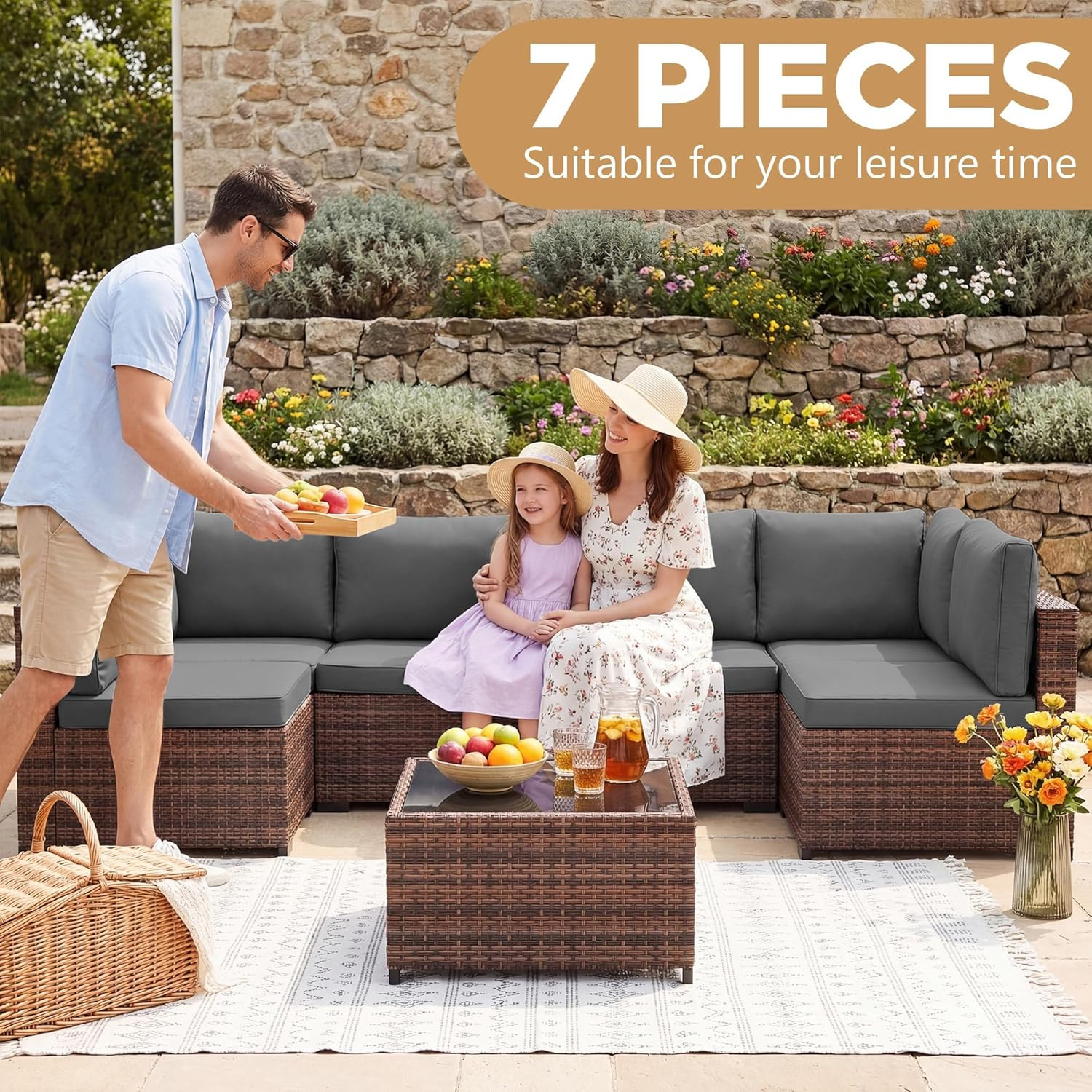 Patio Furniture Set with Rain Cover,7 Pieces Outdoor Wicker Rattan Patio Furnitu