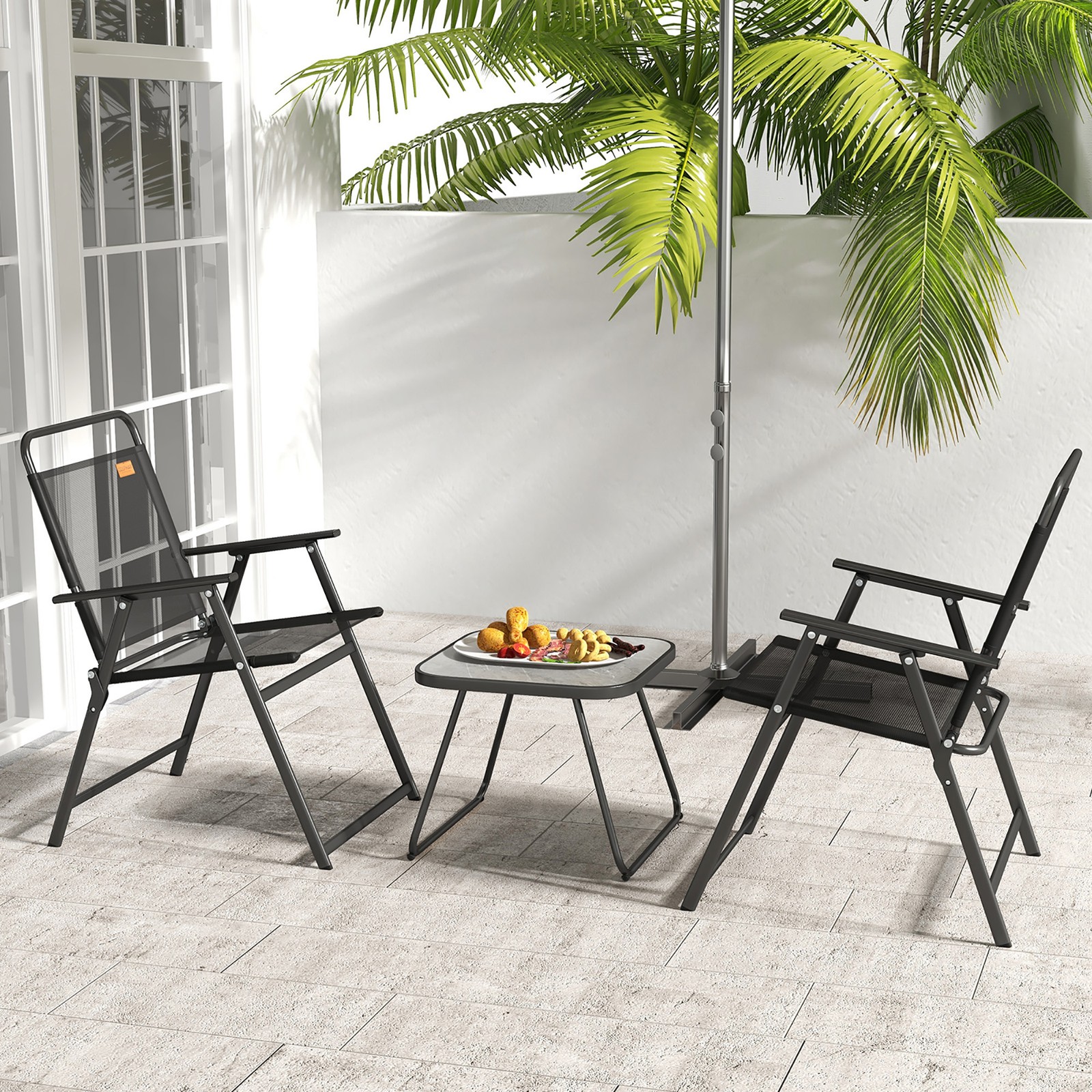 3-Piece Patio Bistro Set Outdoor Folding Chairs & Table Set Black