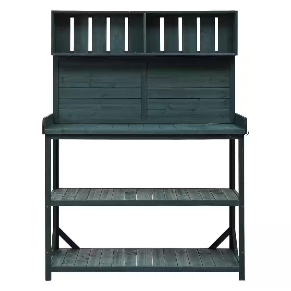 Dark Green Wooden Rustic Outdoor Garden Potting Bench Table Patio Workstation wi