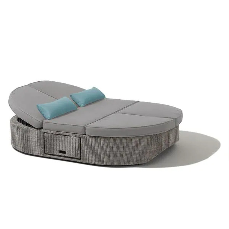 Gray Wicker Outdoor Patio Dual Reclining Sofa Daybed Side Tables Gray Cushions