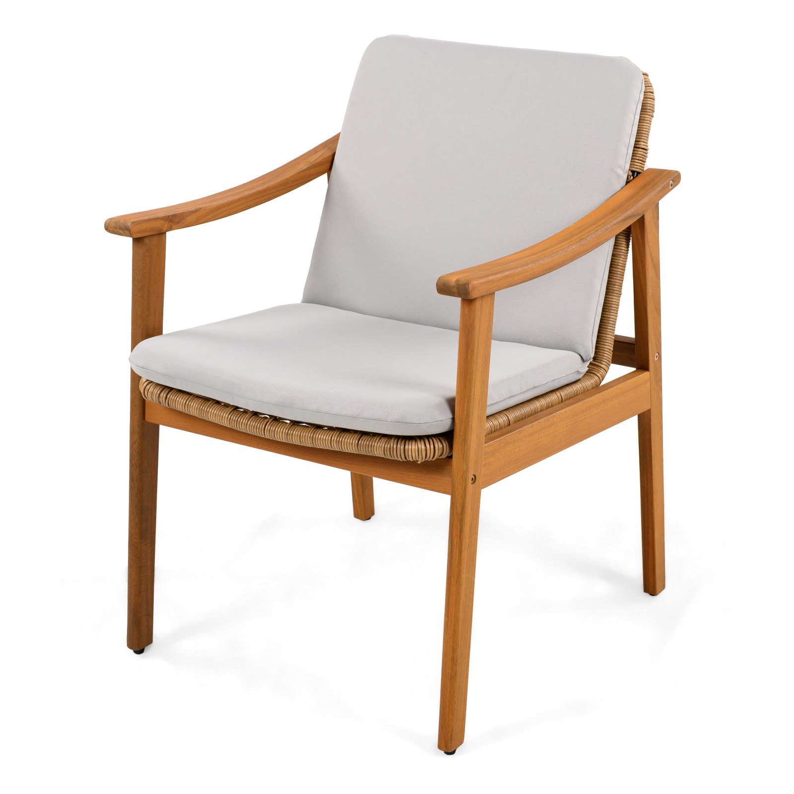 Acacia Wood Patio Dining Chairs Set of 2, Brown Wicker & Grey Cushion