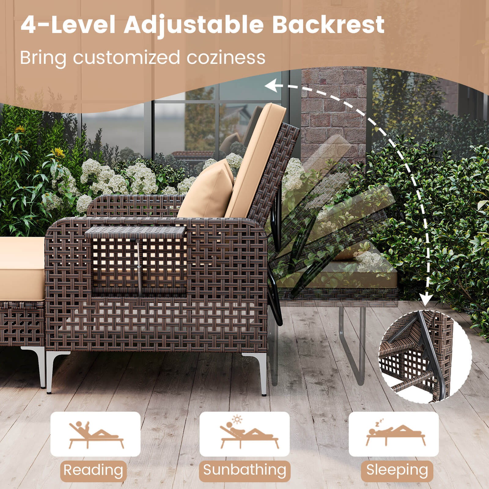 2 PCS Wicker Loveseat & Storage Ottoman w/ 4-Level Backrest & Soft Cushion