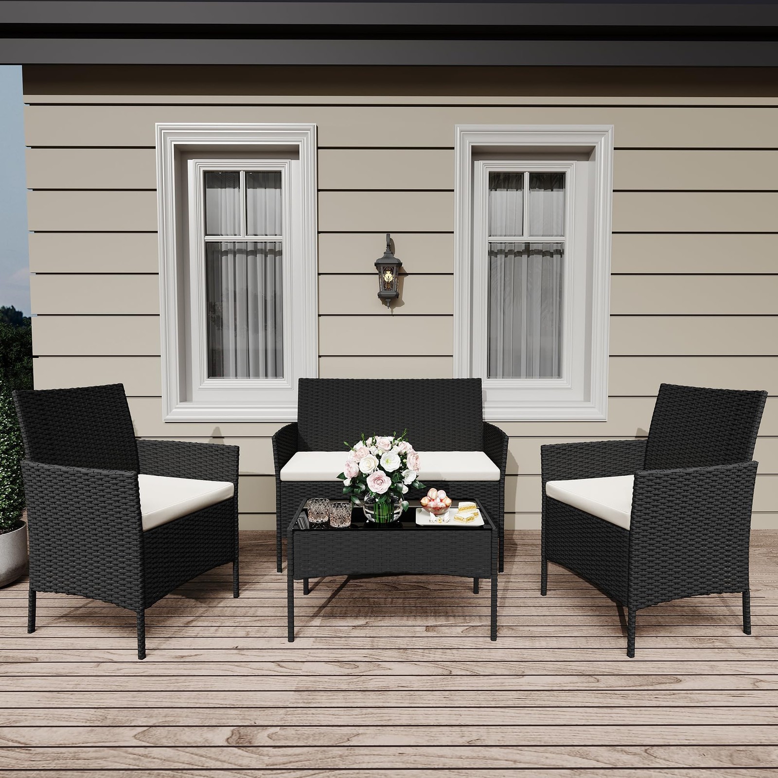Outdoor Rattan Furniture Set 4 Pc, Sofa 2 Armchairs & Coffee Table w/ Cushions