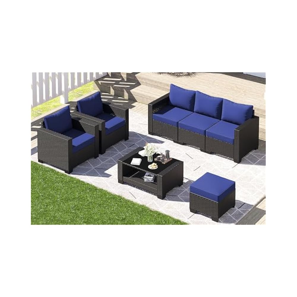 Durable Patio Sectional, 7 Piece Rattan Sofa Set with Comfortable Cushions