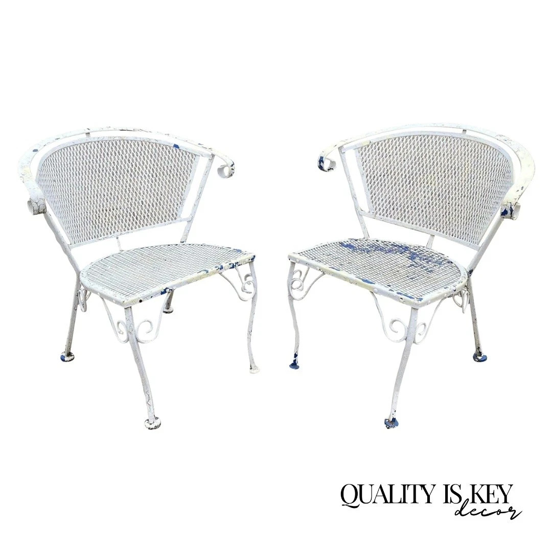 Vintage Wrought Iron Woodard Salterini Style Mid Century Patio Arm Chairs – Pair