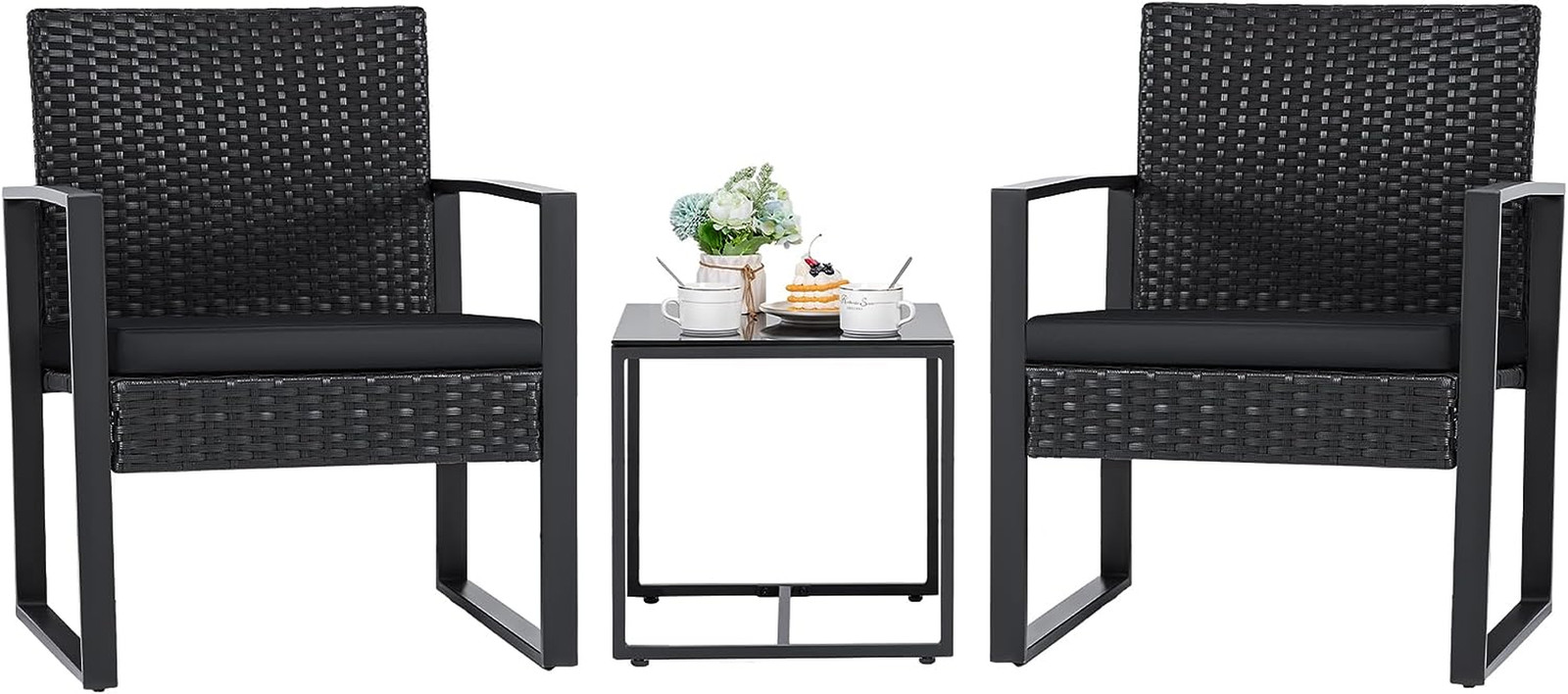 3 Pieces Outdoor Patio Wicker Furniture Set, Modern Rattan Chair Conversation Se