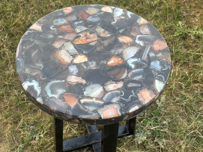 Black Wild Mix Agate Corner Side Table – Natural Gemstone Accent Table, Handmade