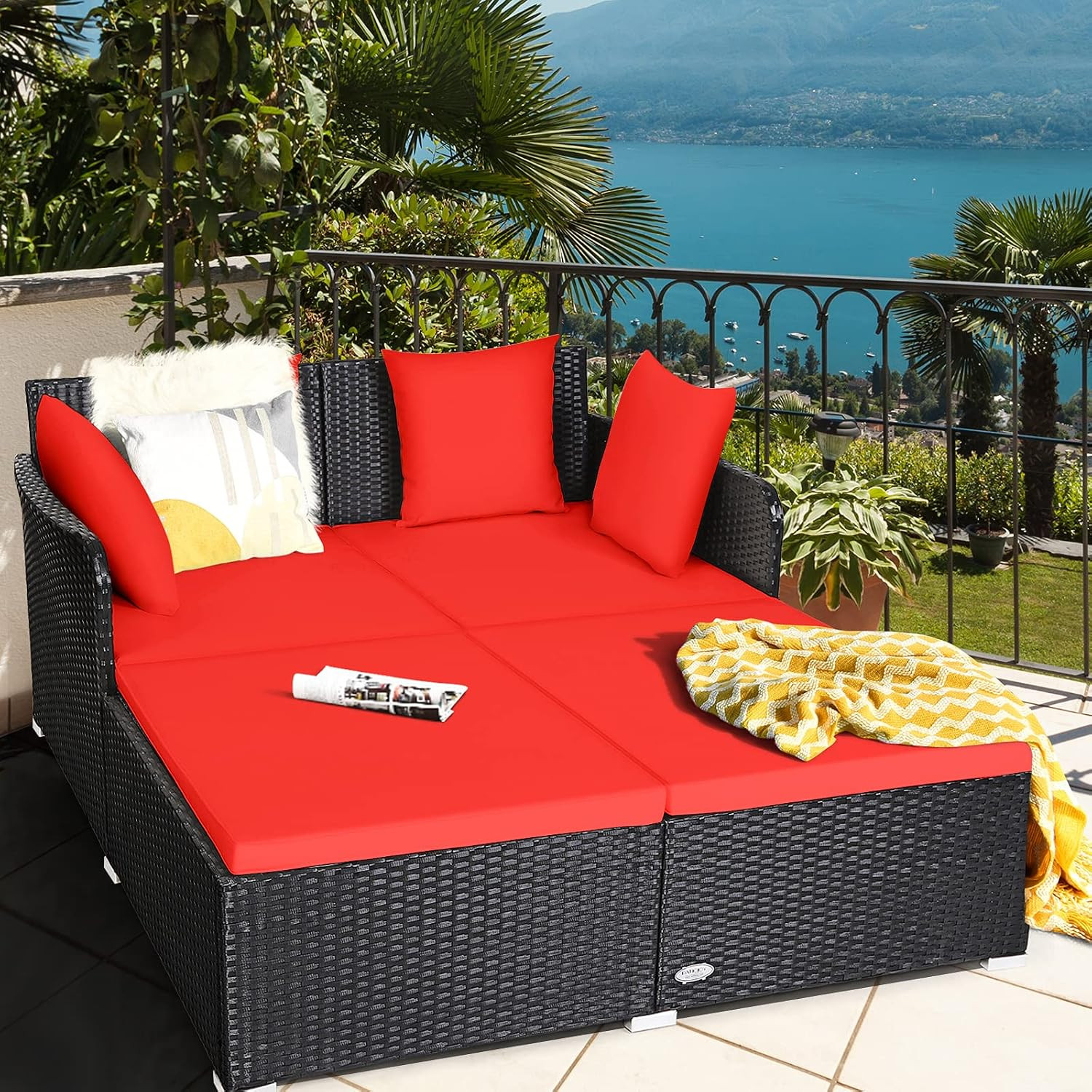HAPPYGRILL Outdoor Rattan Daybed, Patio Sunbed Sofa Set with Cushion & Pillows,