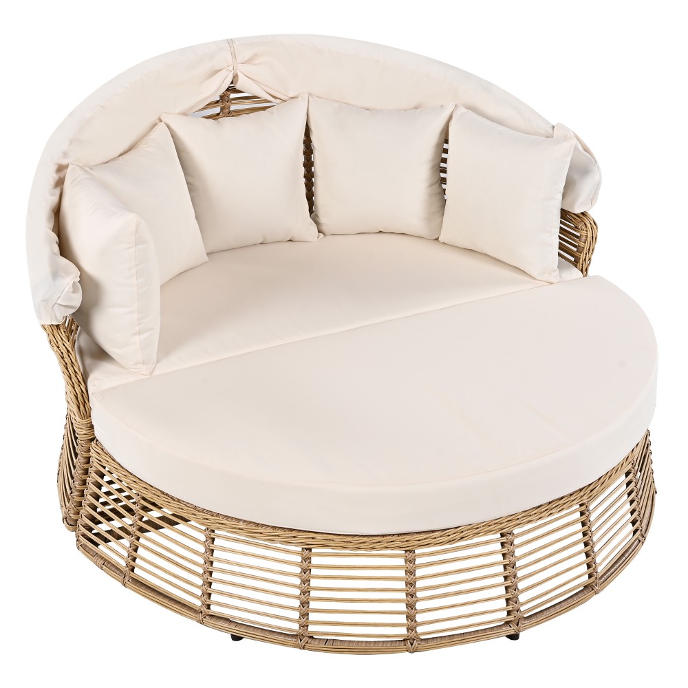 Rattan Round Daybed w/ Retractable Canopy – Outdoor Poolside Sunbed w/ Cushions