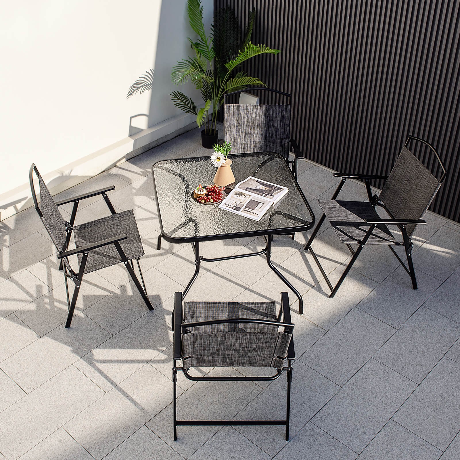 Patio Dining Set for 4 Folding Chairs & Dining Table Set with Umbrella Hole