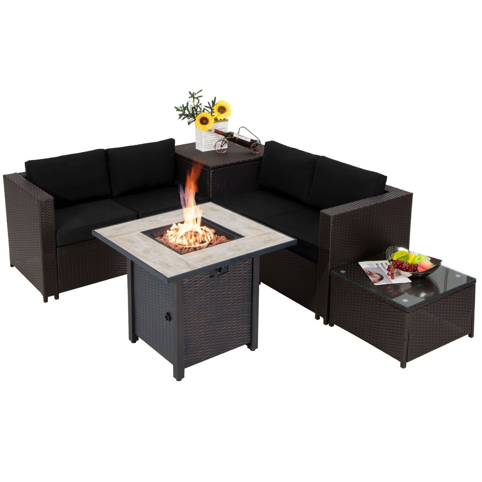 5PCS Patio Furniture Set w/30 Inches Gas Fire Pit Table, Cushions, Storage Box