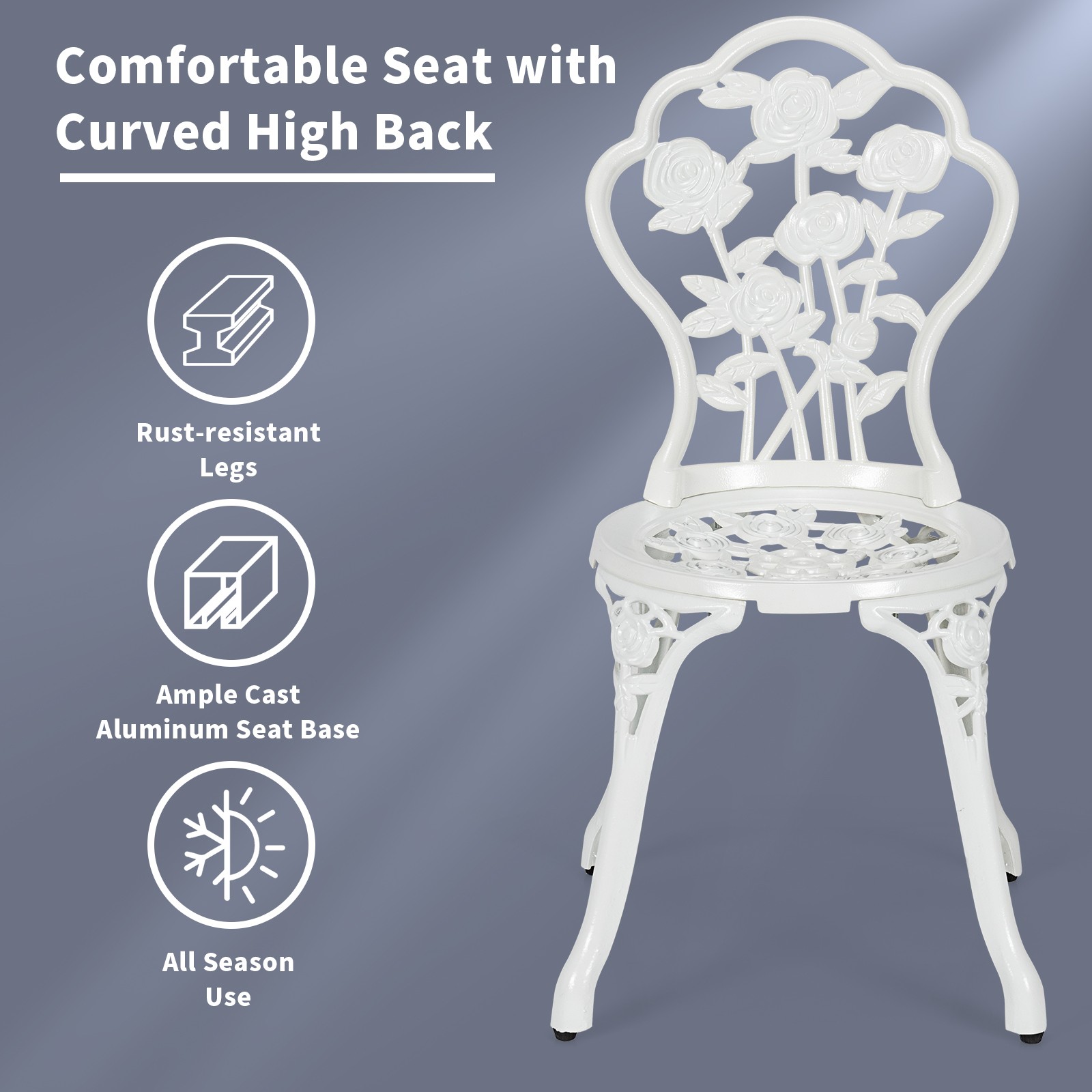 Patiojoy Outdoor 3PCS Cast Aluminum Patio Bistro Furniture Set Rose Design White