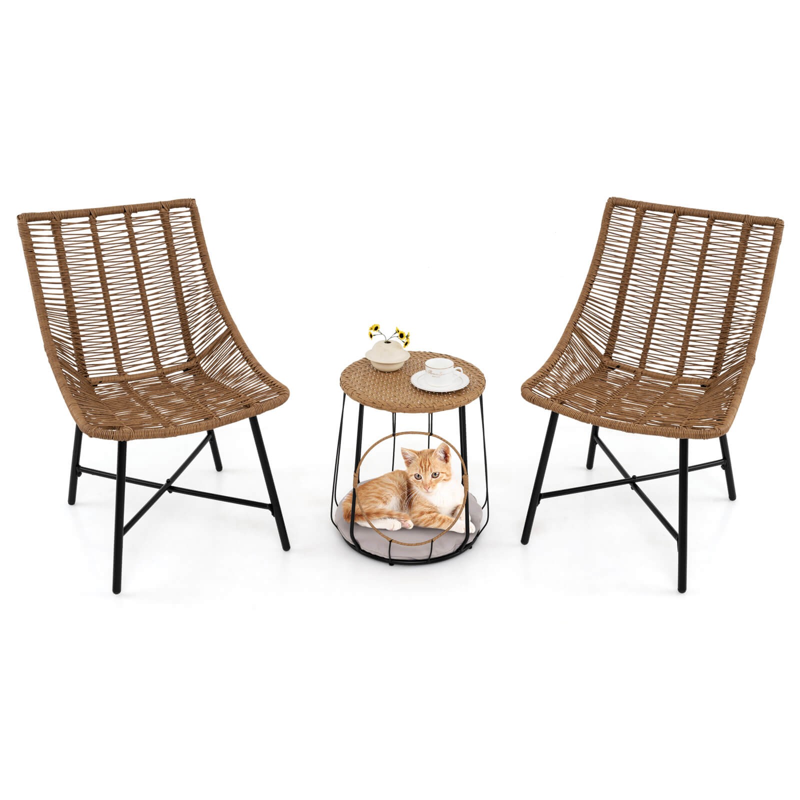 3 Piece Outdoor Furniture Set with Pet House & Heavy Duty Metal Frame Brown