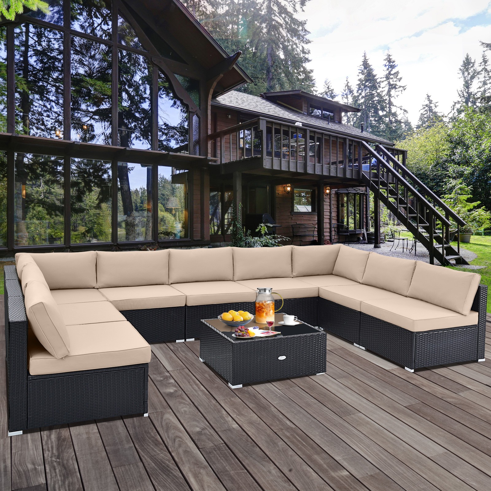 10 PCS Patio Rattan Furniture Set Outdoor Wicker Sofa Table Cushioned Seat Beige