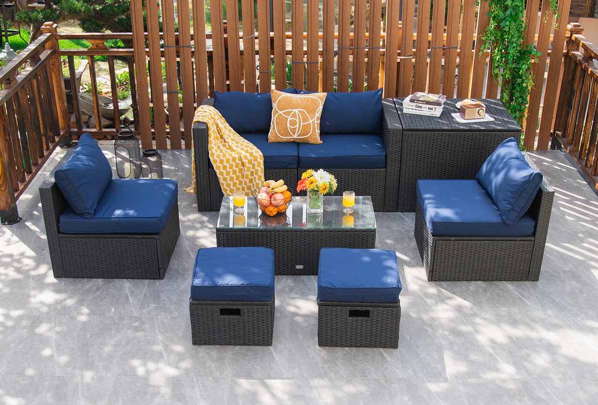Patiojoy Outdoor 8PCS Rattan Furniture Set Storage Table Ottoman Navy
