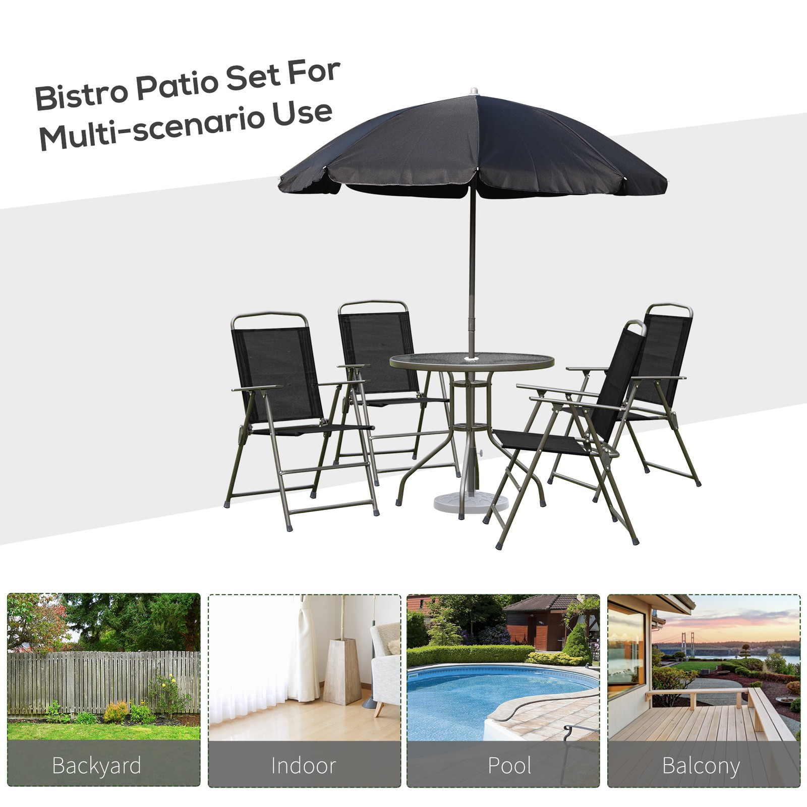 6 Piece Patio Dining Set with Umbrella, 4 Folding Chairs & Glass Table, Black