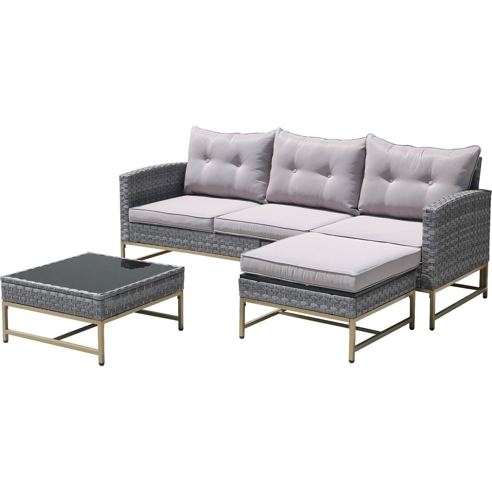 Outdoor Patio Sectional Furniture PE Wicker Rattan Sofa Set W/ Grey Cushions