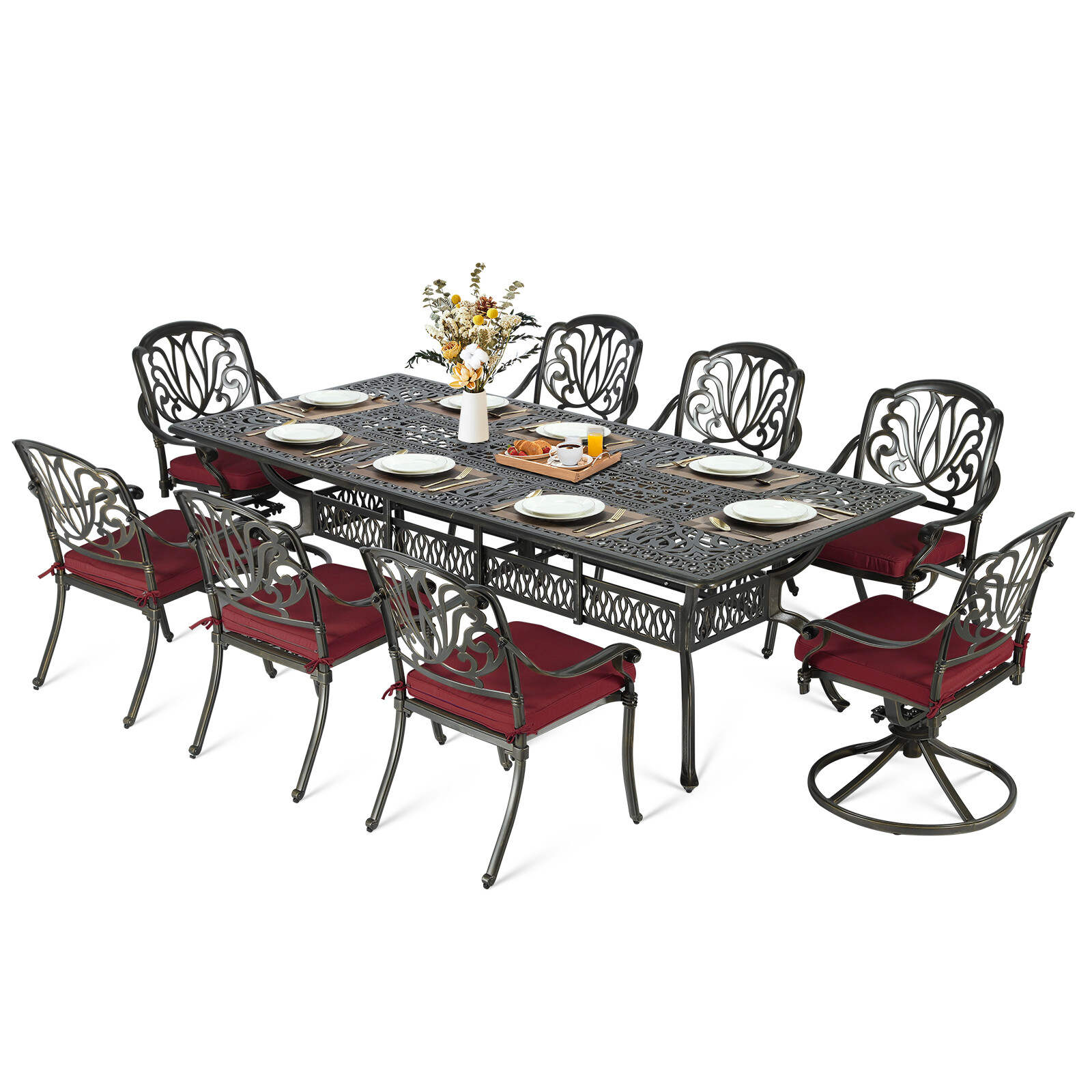 9-Piece Outdoor Dining Table Set w/ Large Table & 2 Floral Swivel Rocker Chairs