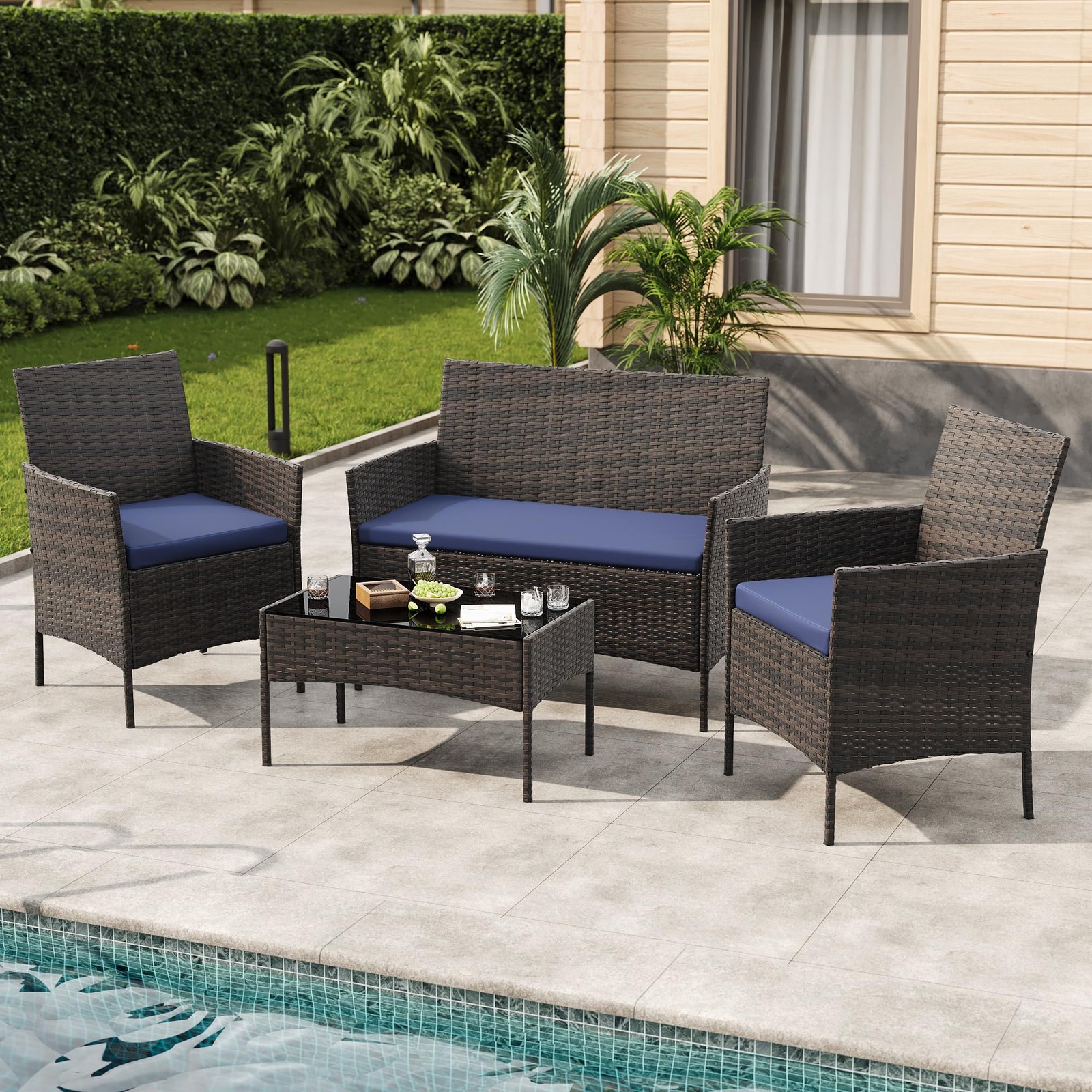 4pcs Outdoor Rattan Furniture Set, Patio Wicker Conversation Set & Coffee Table