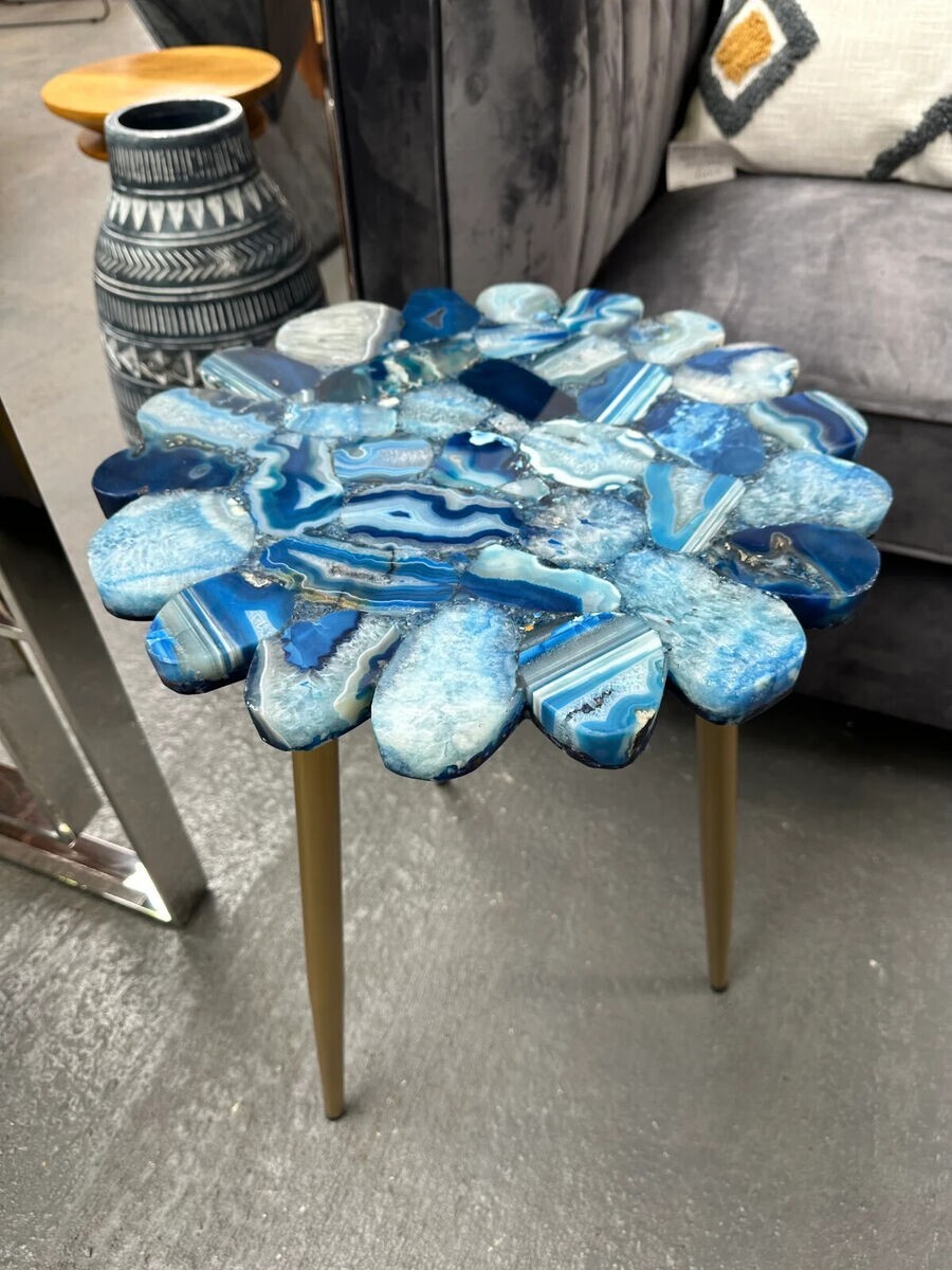 Blue Agate Stone Live Edge Table Top | Floral Inlay Corner Table | Home Decor