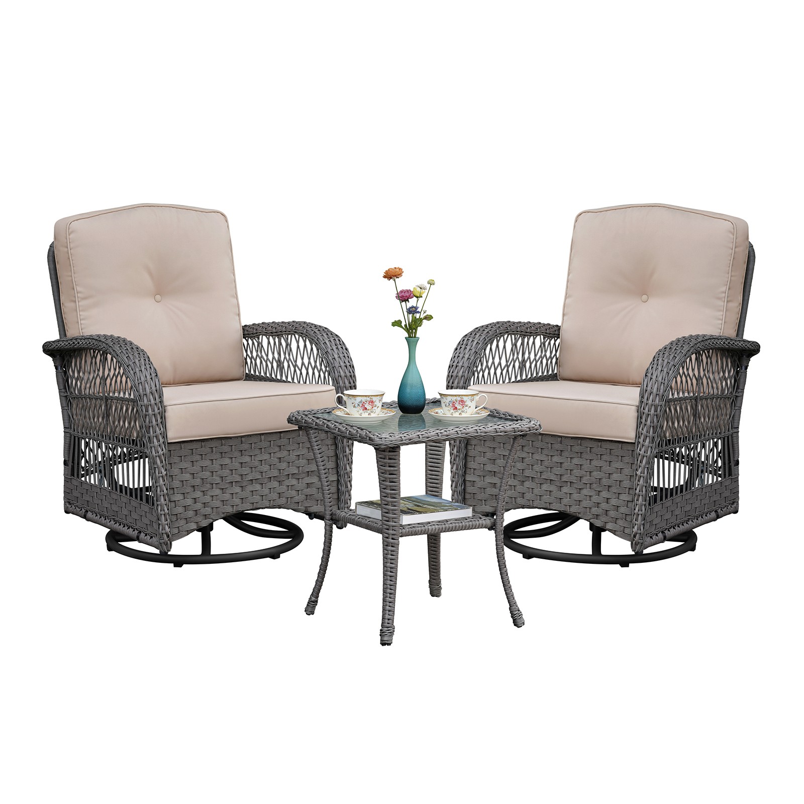 Outdoor Wicker Rocker Swivel Patio Bistro Set, 3-Piece with Glass Table, Grey