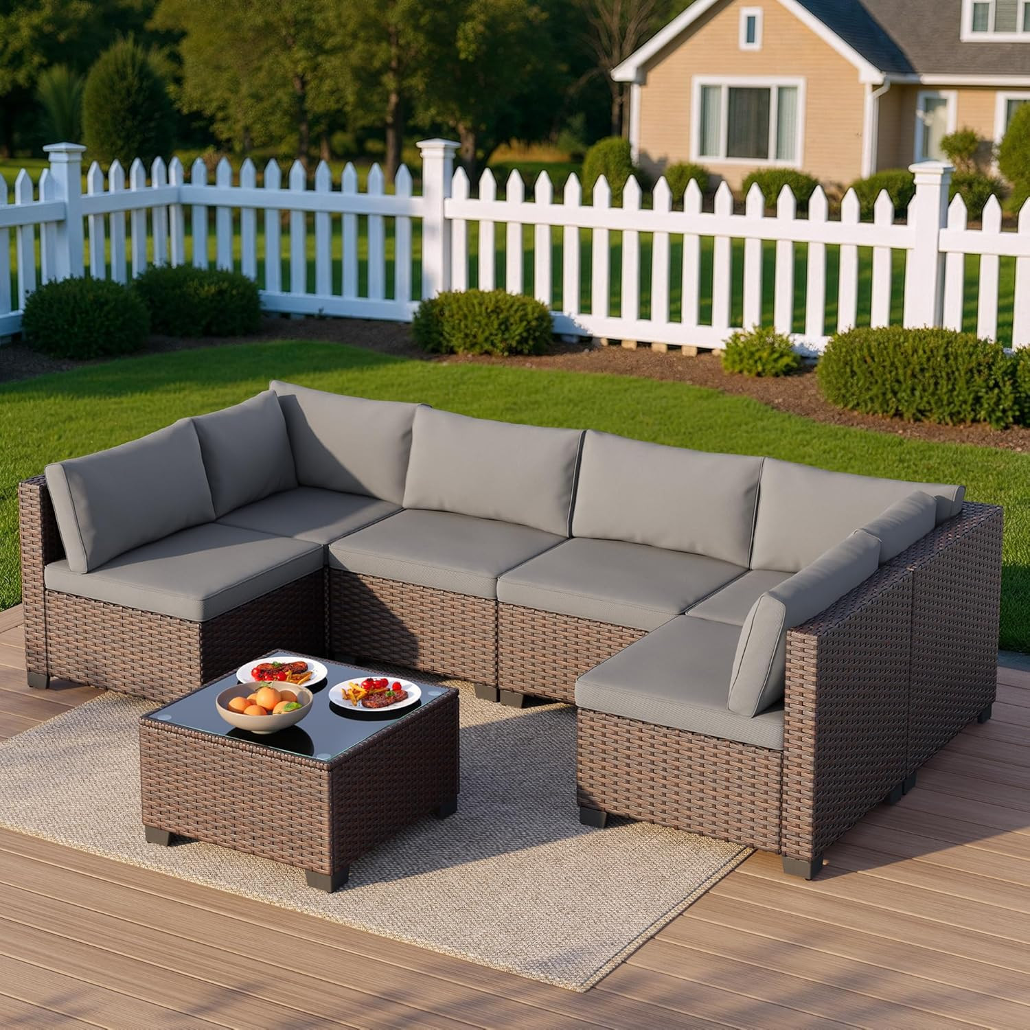 7 Pieces Outdoor Patio Furniture Set, PE Rattan Outdoor Wicker Sectional Furnitu