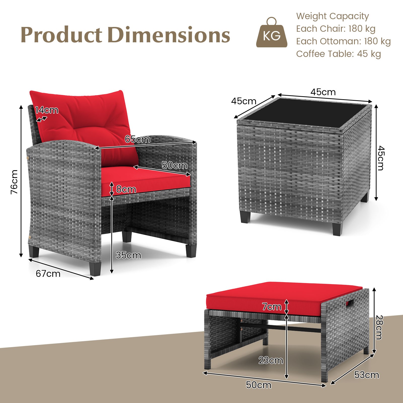 5 Piece Patio Rattan Furniture with 2 Ottomans & Tempered Glass Coffee Table