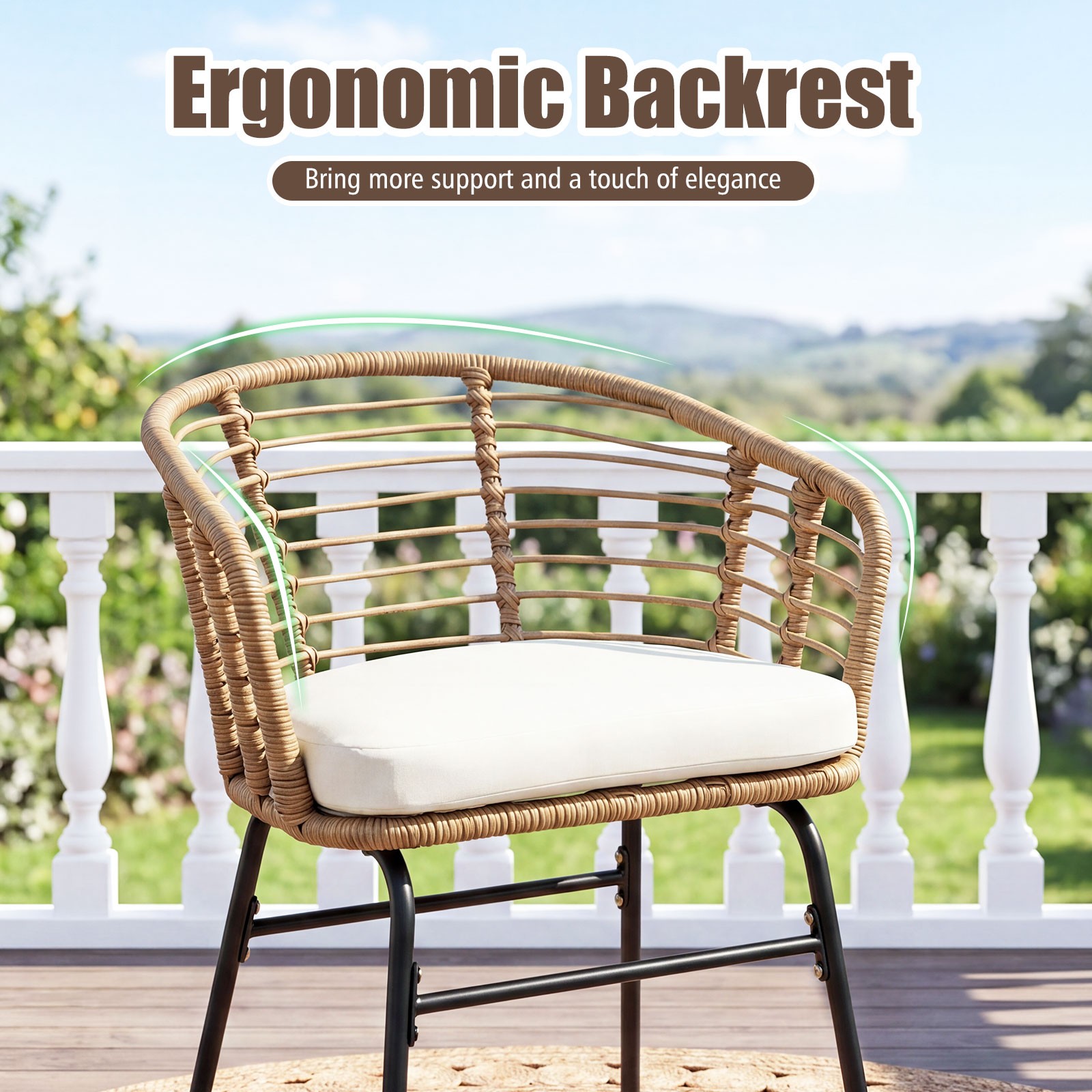 3 Pieces Patio Furniture Set with Tempered Glass Coffee Table and Soft Cushions