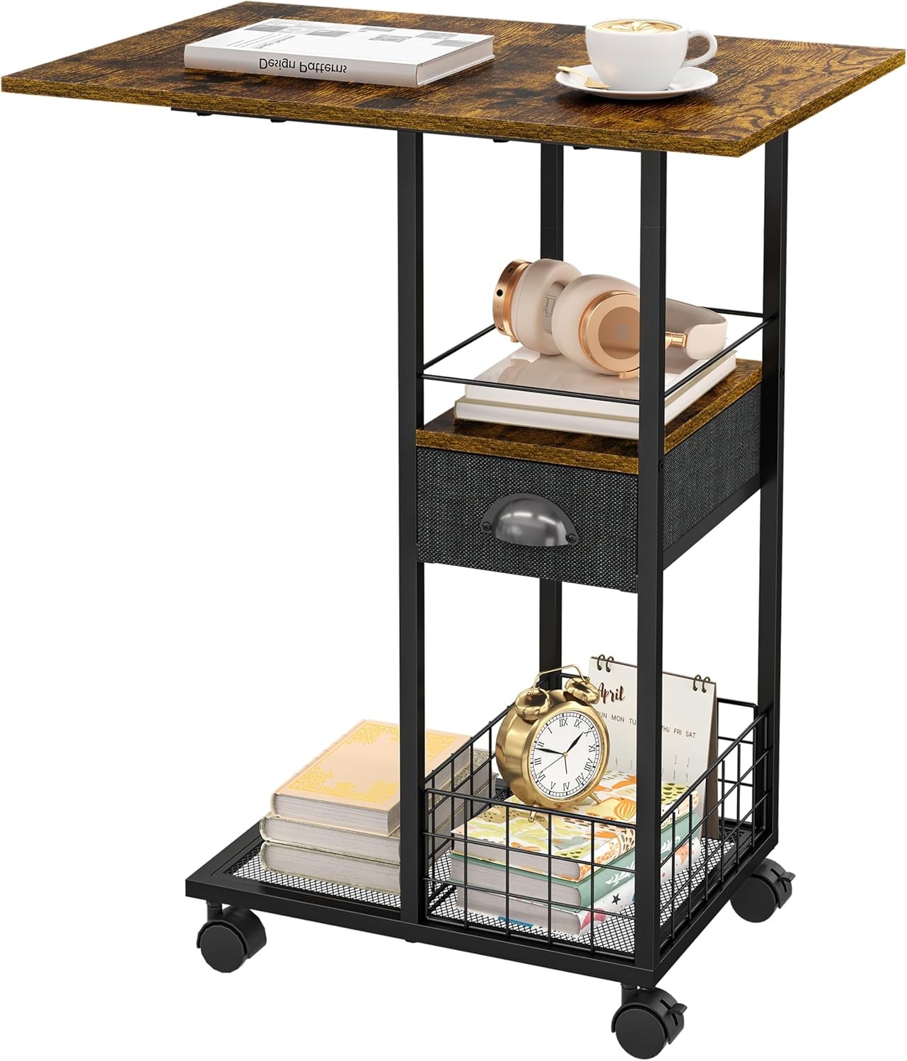 Rolling C-Shaped Side Table with Wheels and Oversized Wood , Mobile