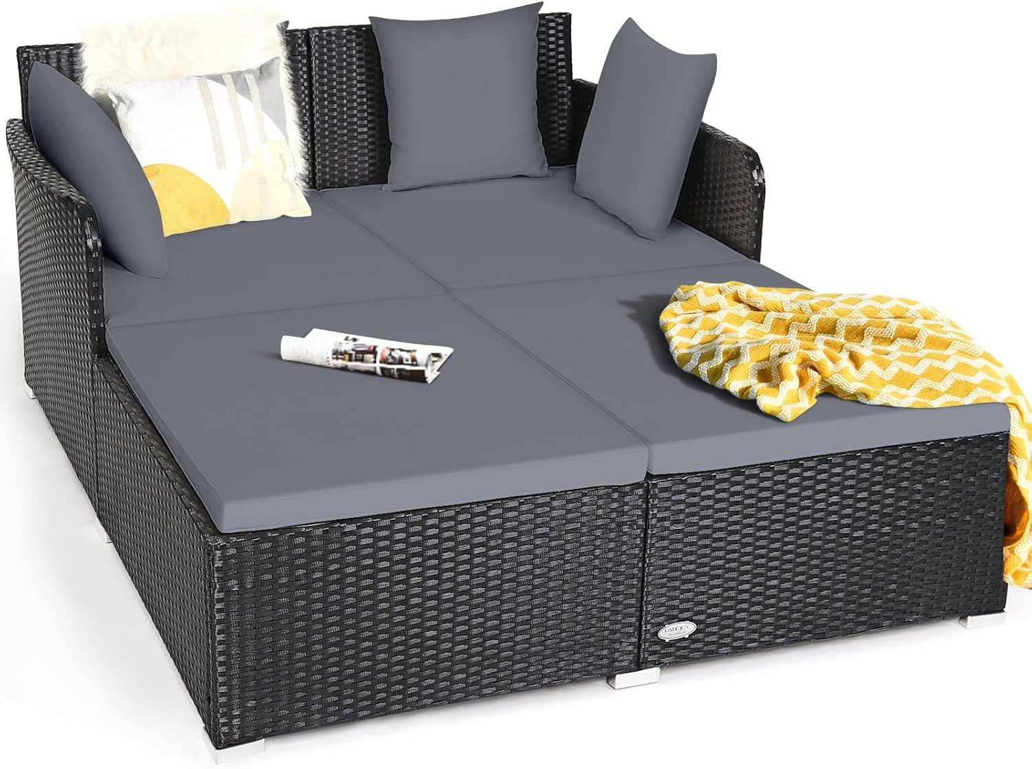 Outdoor Rattan Daybed, Wicker Furniture with Spacious Seat, Upholstered Cushion
