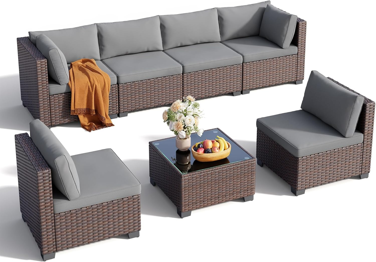 7 Pieces Outdoor Patio Furniture Set, PE Rattan Outdoor Wicker Sectional Furnitu