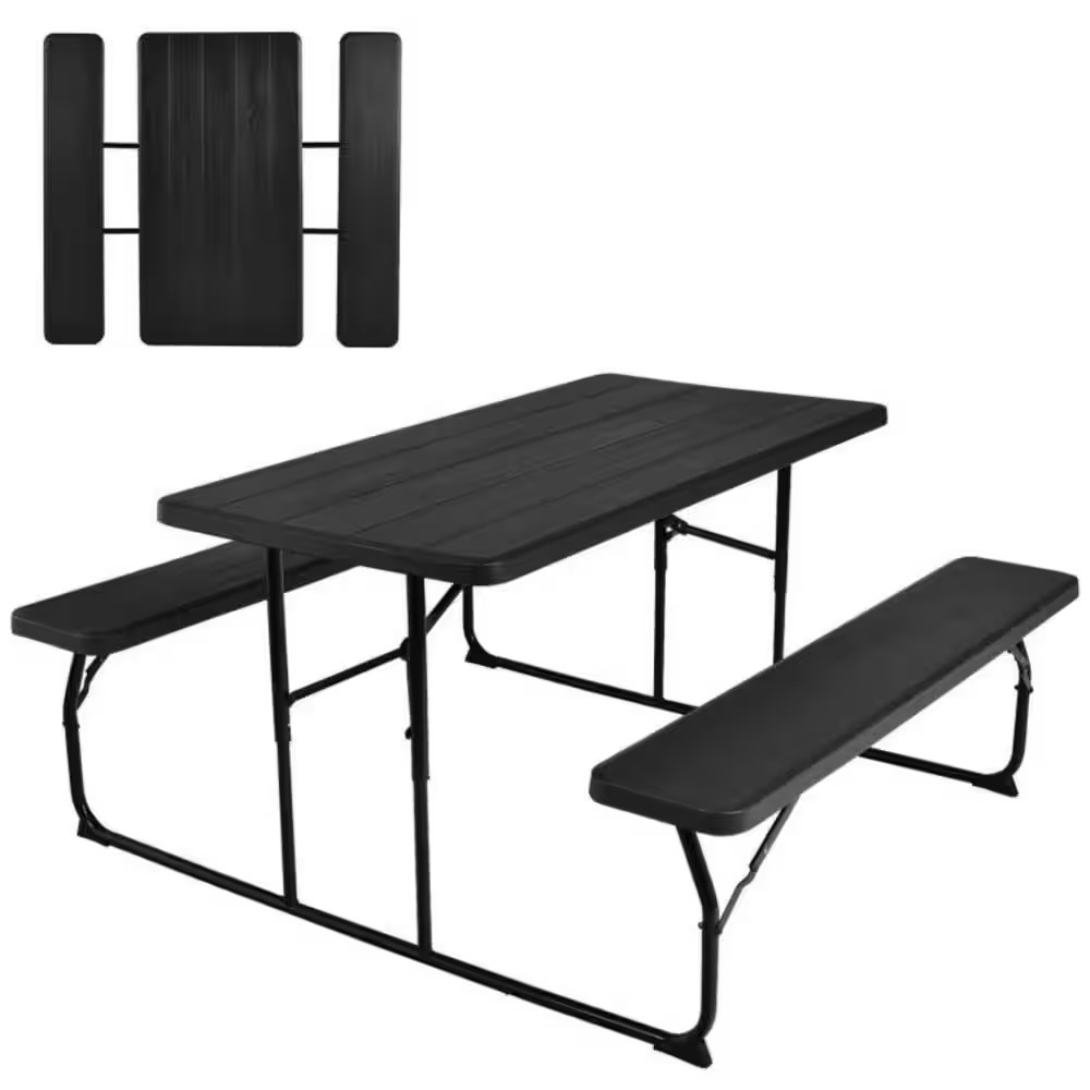Black Rectangle Plastic Outdoor Folding Picnic Table Bench Set with Wood-Like Te