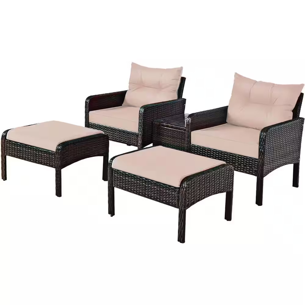 Brown 5-Piece Rattan Wicker Patio Conversation Ottoman Sofa Coffee Table Set …