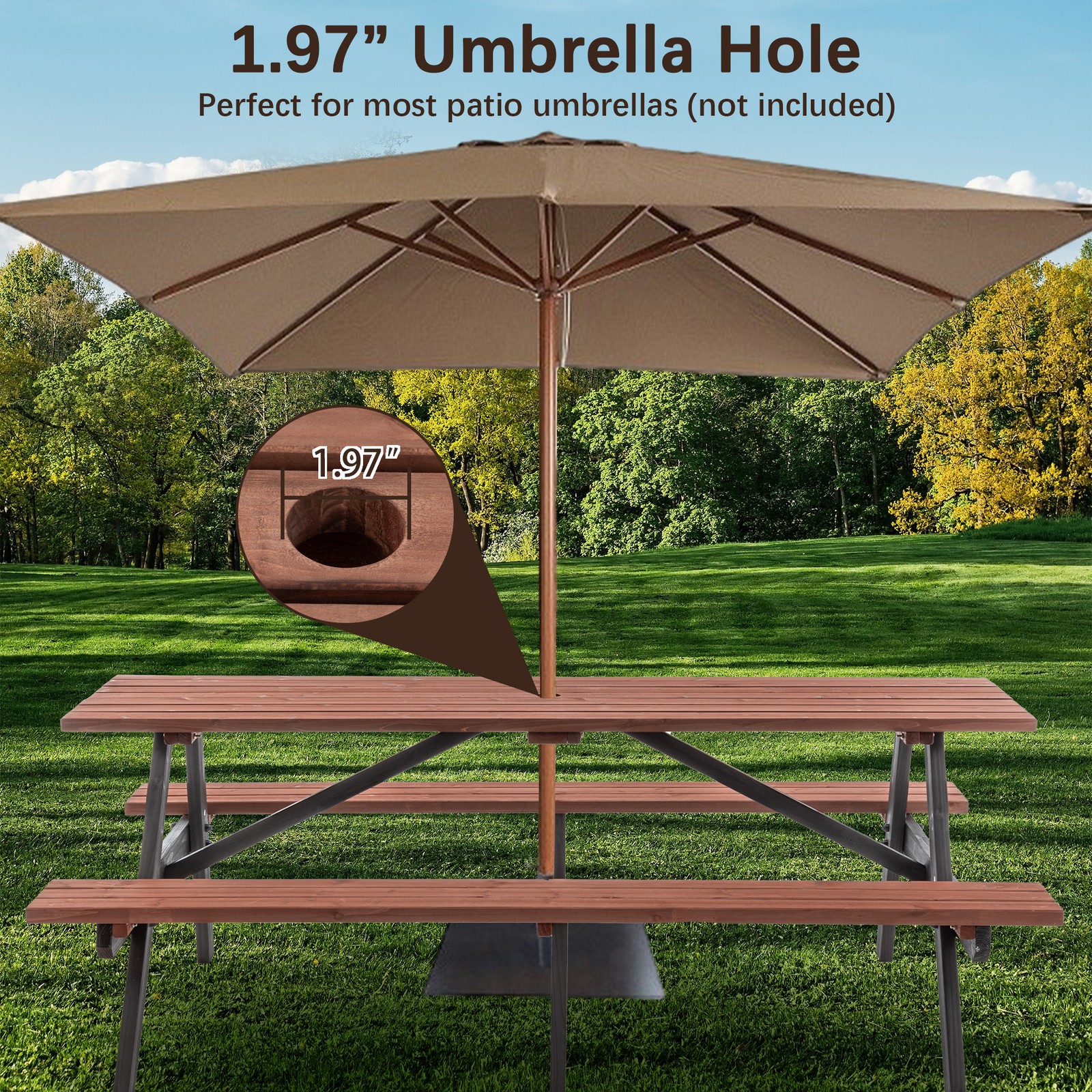 Fir Wood Picnic Table Bench Set 75″ Patio Dining Table Bench Set W/Umbrella Hole