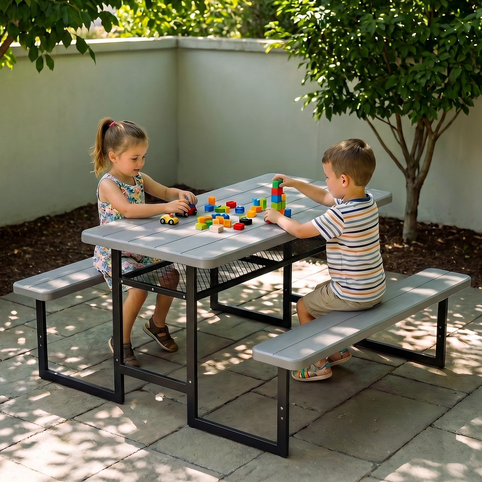 4.5/6FT Picnic Table Bench Set w/ Umbrella Hole for Outdoor Camping Garden Yard