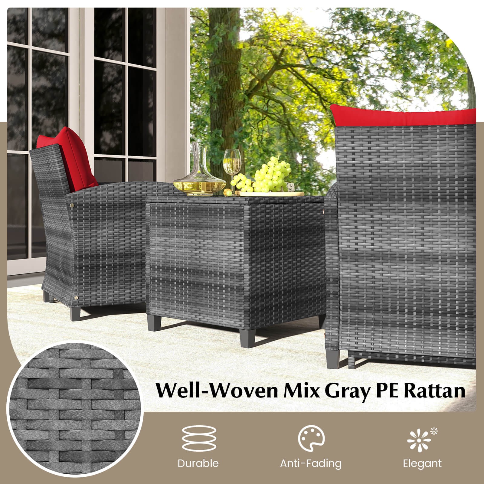 5 Piece Patio Rattan Furniture with 2 Ottomans & Tempered Glass Coffee Table