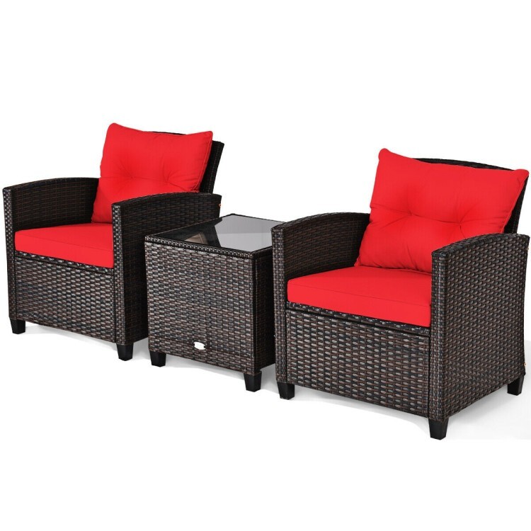 3 Pieces Outdoor Patio Sofa PE Rattan Wicker Furniture Conversation Set Cushion