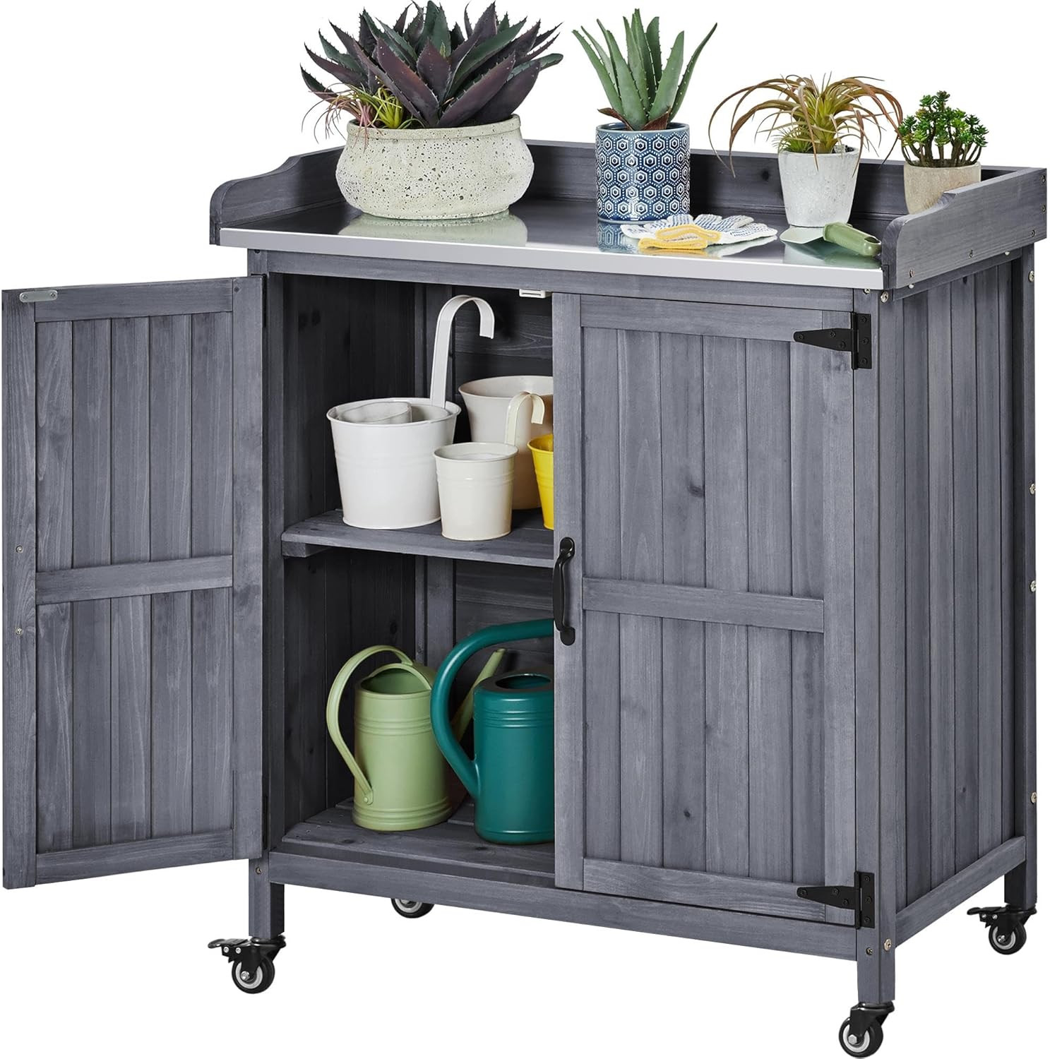 Garden Potting Bench Table, Outdoor Garden Horticultural Wooden Storage Cabinet